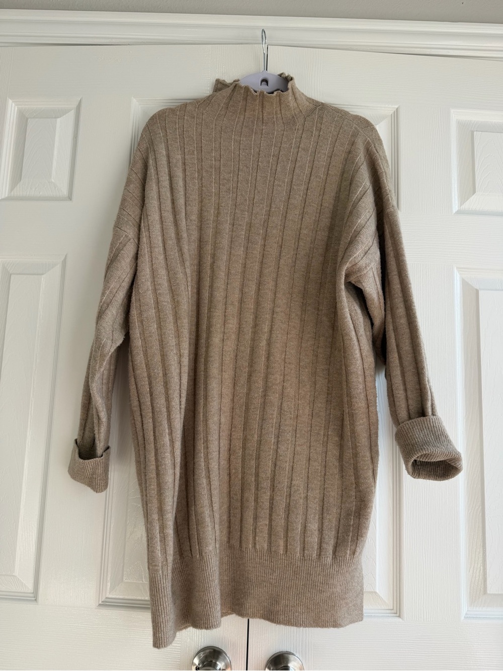 Topshop Taupe Ribbed Mock Neck Sweater Dress